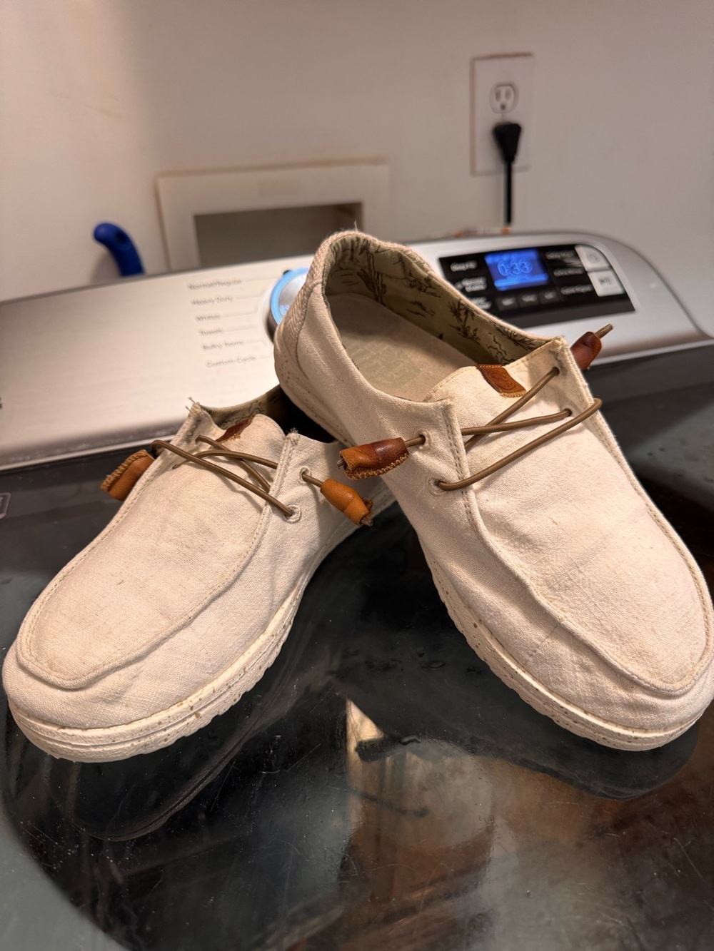 Women’s Hey Dude Wendy Washed Canvas Slip-On Shoes in Cream with Leather Accents